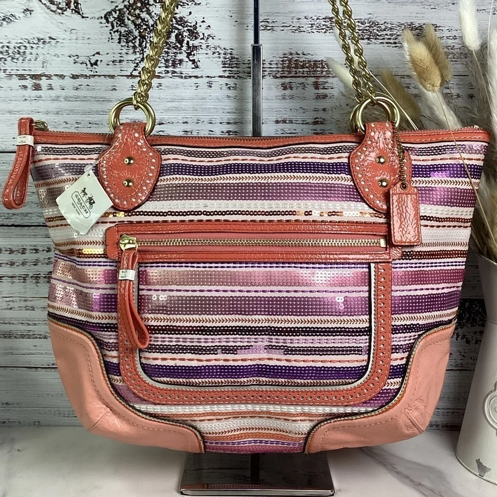 VINTAGE‎ COACH TOTE BAG #23843 POPPY SEQUINS PURSE MULTICOLOR PURPLE